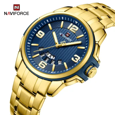 NAVIFORCE 9215 Men Wristwatch Top Brand Luxury Waterproof Watch Original Stainless Steel Sport Military Quartz Male Clock - Golden Blue